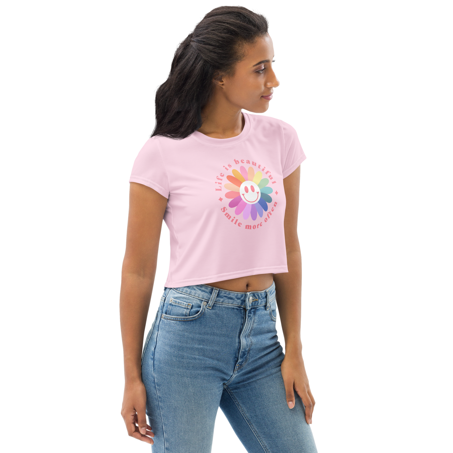Rainbow Flower Crop Tee/Pink