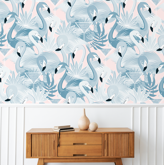 Flamingo-Tini Peel and Stick Wallpaper Blue Pink