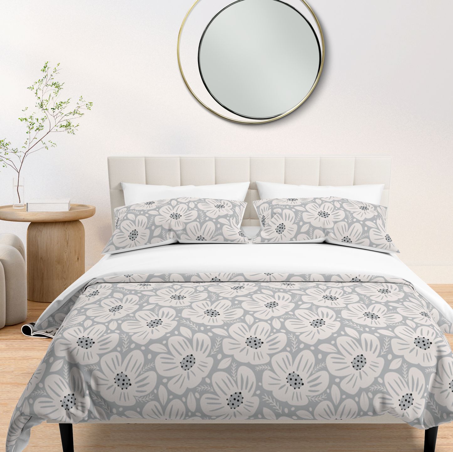 Modern Floral 3-Piece Duvet Cover Set- Gray