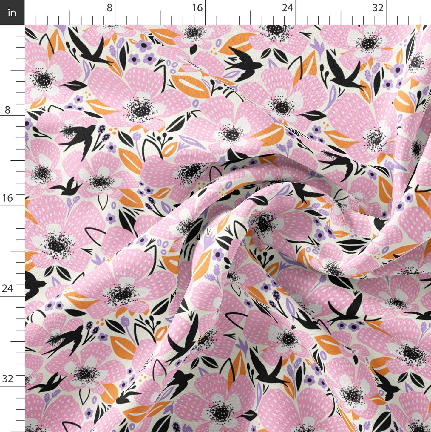 Birds Amongst Flowers Pink Fabric- Large